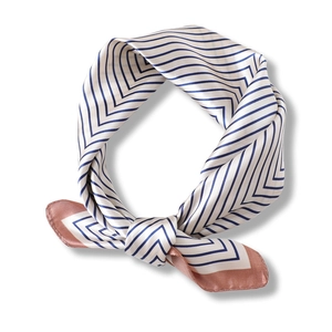 Classic navy and white striped silk square scarf with elegant pink border for women