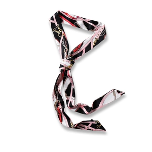 Elegant long skinny silk scarf with equestrian chain print and vintage color block
