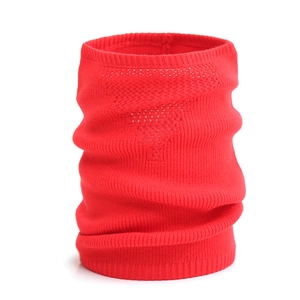 Close-up of red knitted neck warmer with triangle breathable mesh and ribbed edges
