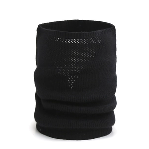 Detail of black knit neck gaiter showing the breathable hollow mesh triangle design