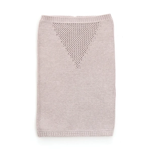 Detail of light purple knitted neck gaiter with triangle hollow pattern and ribbed texture