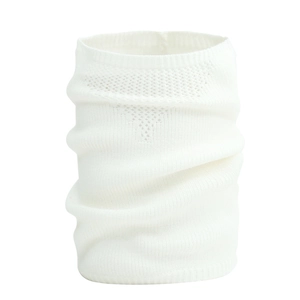 Close-up of white knitted neck warmer showing ribbed edges and breathable hollow texture