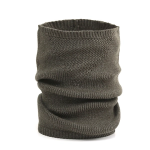 Close-up of the dark grey knitted neck warmer showing fine ribbing and elastic texture