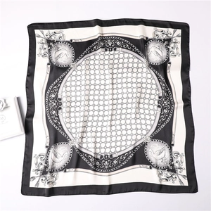 70cm black and white chain print satin square scarf with vintage belt and swan motif