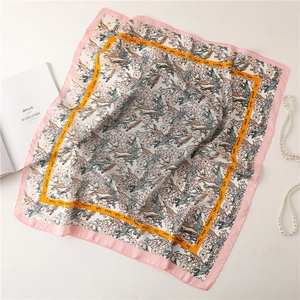 Elegant floral square silk scarf with Happy New Year slogan and pink border detail