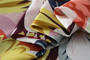 Close-up of elegant floral print silk scarf showing soft texture and glossy twill finish