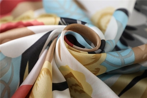 Macro shot of abstract floral silk scarf fabric with elegant diagonal twill texture