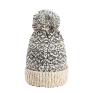 Grey and off-white diamond knit beanie with fluffy pom-pom and wide ribbed cuff