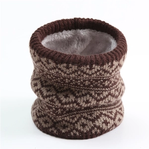 Detail showing the thick fleece lining and geometric knit pattern of the neck warmer