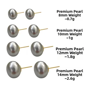 Lustrous grey pearl stud earrings showing 8mm to 14mm size comparison in gold settings