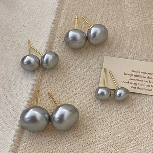 French Retro Grey Artificial Pearl Stud Earrings With 925 Sterling Silver Earring Post High Luster Minimalist Elegant Jewelry Women