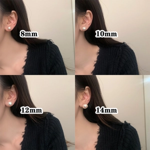 Size comparison of pearl earrings in 8mm, 10mm, 12mm and 14mm diameters on model