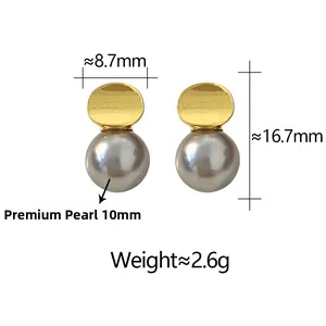 Detail view of pearl earrings with dimensions 16.7mm height and 10mm grey pearl beads
