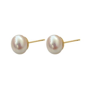 Elegant round pearl earrings with golden metal posts on a clean white background
