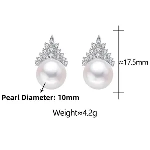 Detail showing 10mm pearl earrings with crown-shaped zircon inlay and size dimensions