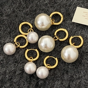 French vintage style 18k gold plated hoop earrings with large white pearl pendants