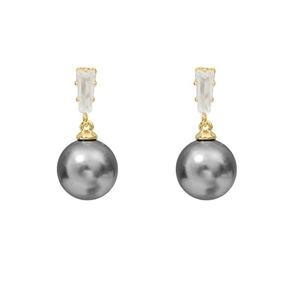 Elegant gold earrings featuring dark grey pearls and rectangular cubic zirconia accents