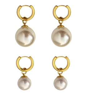 French vintage 18k gold plated hoop earrings with round pearls in two sizes