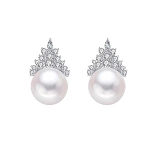 Elegant pearl stud earrings with micro-inlaid crown-shaped zircon accents in silver setting