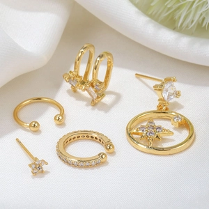 Elegant 5-piece gold plated ear cuff set with sparkling zircons and star charms