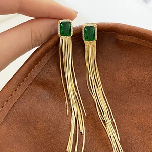 Elegant emerald tassel drop earrings with sparkling crystals in vintage gold-plated finish