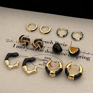 Black Enamel Hoop Stud Earrings French Vintage Geometric Chic Jewelry With 925 Sterling Silver Earring Post For Women
