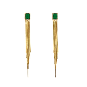 Elegant long fringe tassel earrings featuring green emerald-cut stones and golden chains