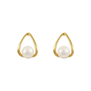 Elegant gold drop-shaped hollow earrings with white pearls on a clean white background