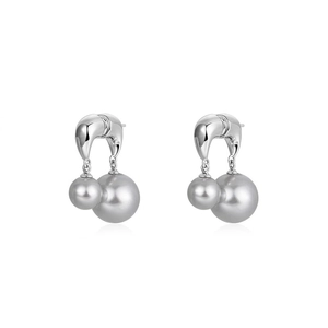 Boucles d'oreilles pendantes argentées avec deux perles grises sur courbes métalliques