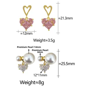 Détail de boucles d'oreilles cœur rose et clous perle double avec mesures précises