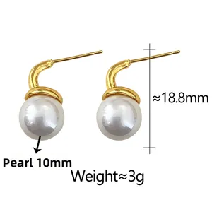 Detailed view of 10mm shell pearl drop earrings in gold setting with size measurements
