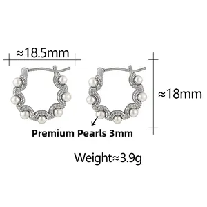 Detail showing 18.5mm silver hoop earrings with 3mm pearls and zircon inlays