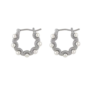 French vintage silver hoop earrings with white pearls and sparkling crystal details