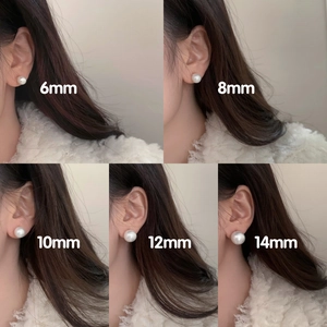 Comparison of classic white pearl stud earrings in sizes 6mm to 14mm on model ears