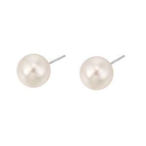 Classic round white pearl stud earrings with sterling silver pins on a white background