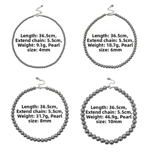 Détail du collier de perles grises montrant quatre tailles de perles de 4mm à 10mm