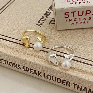 Freshwater Pearl Open Ring Adjustable Asymmetric Geometric Bean Metal Minimalist French Retro Chic Jewelry For Women