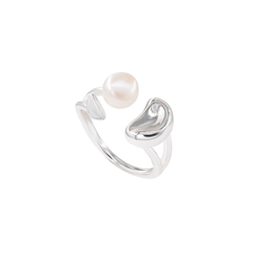 Adjustable S925 silver open ring with white freshwater pearl and irregular metal bean