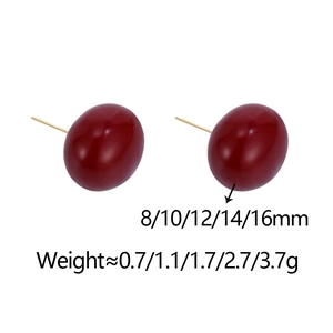 Size comparison of burgundy dome earrings from 8mm to 16mm with weight details