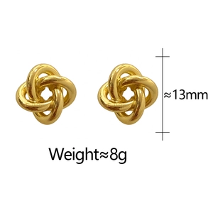 Polished gold knot earrings detailed view showing 13mm size and 8g weight specifications