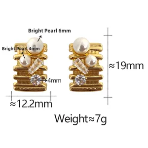 Detail showing dimensions of vintage gold earrings with pearls and zircon in 19x12mm