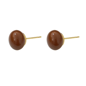 Retro minimalist round brown enamel stud earrings with gold S925 silver needles