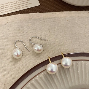 French Minimalist Round White Artificial Pearl Hook Earrings Elegant Versatile Copper Gold Silver Plated Jewelry For Women