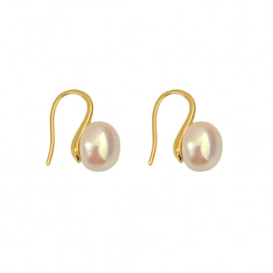 Elegant French-style gold pearl drop earrings with minimalist polished hooks on white background