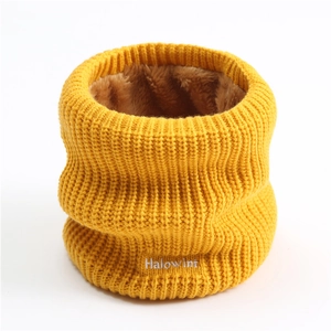 Winter knitted neck warmer with fleece lining and white embroidered letters in yellow