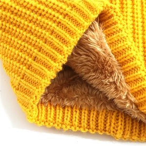 Winter knitted neck warmer with thick plush lining and honeycomb weave in bright yellow