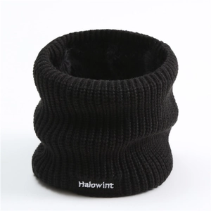 Winter knitted infinity scarf with thick fleece lining and Halowint embroidery in black