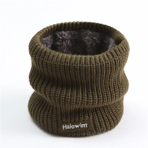 Detailed view of winter neck warmer featuring olive green knit and thick grey plush lining