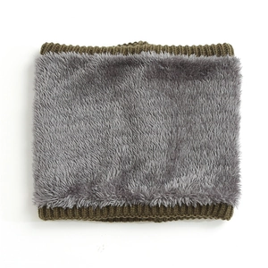 Detail view of winter knitted neck warmer with olive green ribbing and grey fleece lining