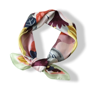 Elegant 70cm floral print silk square scarf with colorful abstract patterns on white background